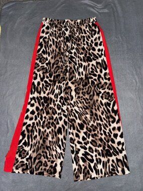 Leopard Print Pants Womens Size 31/28 Red Stripe Elastic Wide Leg Casual
